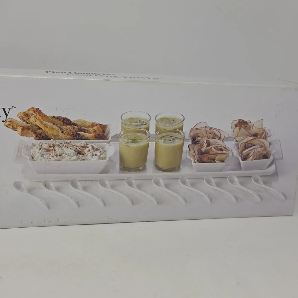 Pier 1 Imports Tasting Party Starter Set, White Stoneware Tray, Bowls, Spoons k